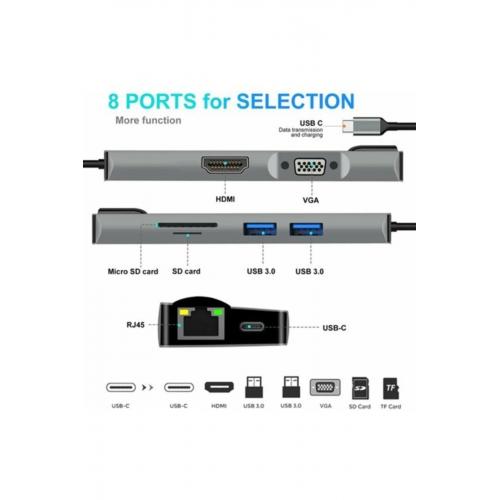 Fc09 Type-c To Hdmı Rj45 Type-c Sd Kart Usb 3.0 X 2 Vga Macbook Uyumlu 8 In 1 Çevirici Adaptör