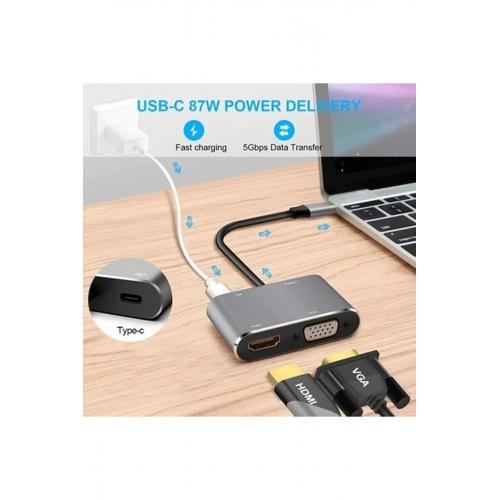 Cf02 4in1 Macbook Uyumlu Type-c To 4k Hdmı/vga/pd Şarj/usb3.0 Hub Adaptör