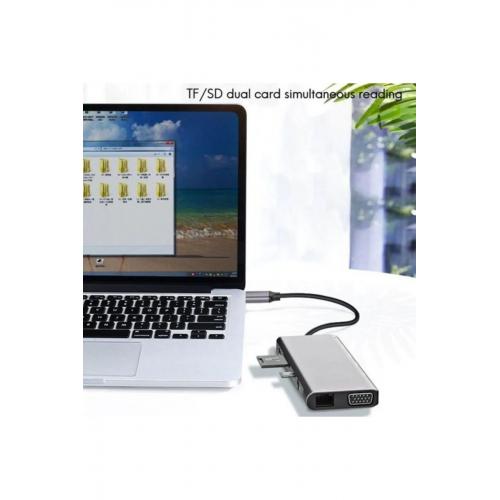 Fc-09 Type-c To Hdmı Rj45 Sd Kart Usb 3.0 X 2 Vga Macbook Uyumlu 11ın1 Çevirici Adaptör