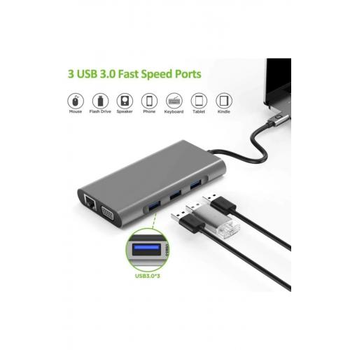 Fc32 Type-c™ Usb-c To 3*usb 3.0 4k Hdmı Vga Rj45 Pd Aux Sd Tf 10ın1 Çevirici