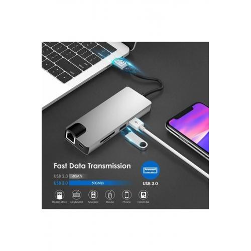 Fc09 Type-c To Hdmı Rj45 Type-c Sd Kart Usb 3.0 X 2 Vga Macbook Uyumlu 8in1 Çevirici Adaptör