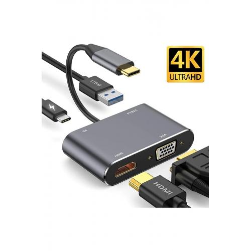 Cf02 4in1 Macbook Uyumlu Type-c To 4k Hdmı/vga/pd Şarj/usb3.0 Hub Adaptör