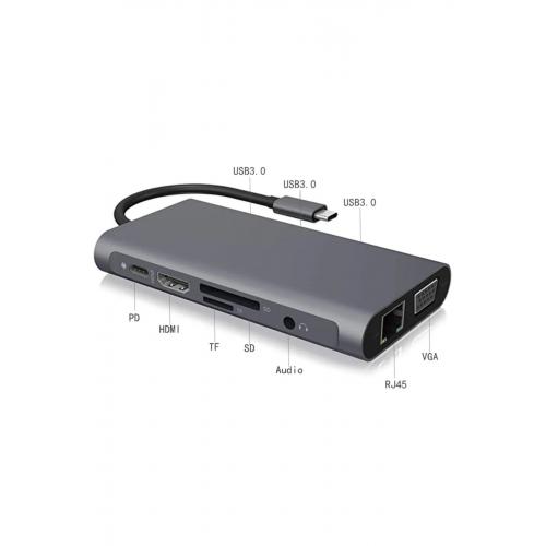 Fc32 Type-c™ Usb-c To 3*usb 3.0 4k Hdmı Vga Rj45 Pd Aux Sd Tf 10ın1 Çevirici