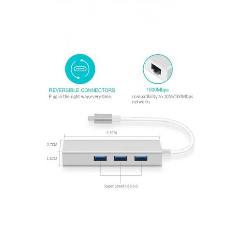 Fc05-g Type-c To 3 X 3.0 Usb Rj45 Gigabit 1000mbps Lan Ethernet Çevirici Macbook Uyumlu