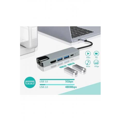 Cf55 Macbook Uyumlu Type-c To 2*usb 3.0 Hdmı Ethernet Rj45 Pd Çevirici Hub Adaptör