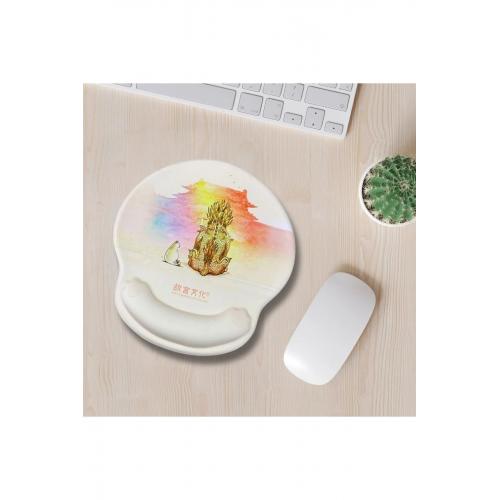 Desenli Ergonomik Desenli Mouse Pad Krem - Kedi Ejderha Desenli