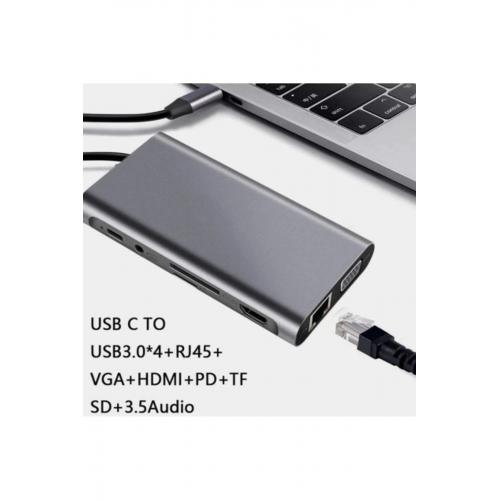 Fc-09 Type-c To Hdmı Rj45 Sd Kart Usb 3.0 X 2 Vga Macbook Uyumlu 11ın1 Çevirici Adaptör