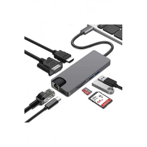 Fc09 Type-c To Hdmı Rj45 Type-c Sd Kart Usb 3.0 X 2 Vga Macbook Uyumlu 8 In 1 Çevirici Adaptör