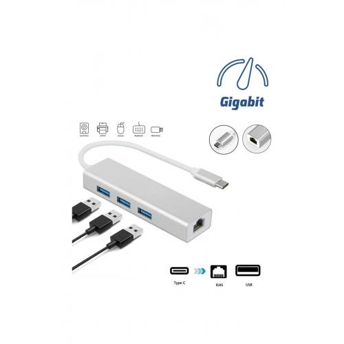 Fc05-g Type-c To 3 X 3.0 Usb Rj45 Gigabit 1000mbps Lan Ethernet Çevirici Macbook Uyumlu