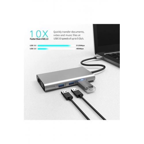 Fc32 Type-c™ Usb-c To 3*usb 3.0 4k Hdmı Vga Rj45 Pd Aux Sd Tf 10ın1 Çevirici