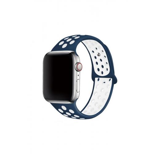 Apple Watch 9 Uyumlu 41mm Delikli Silikon Kordon-02 Lacivert-Beyaz