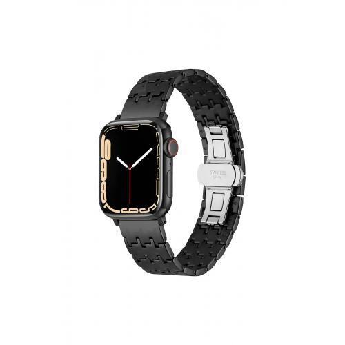 Apple Watch 9 Uyumlu 41mm Zigzag Tasarımlı Metal Kordon-86 Siyah