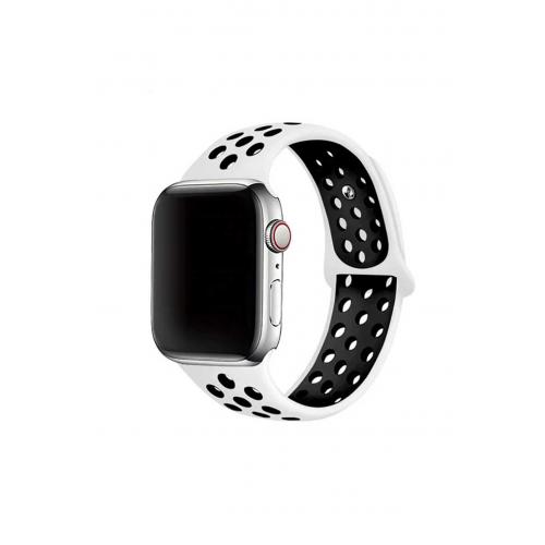 Apple Watch 9 Uyumlu 41mm Delikli Silikon Kordon-02 Beyaz-Siyah