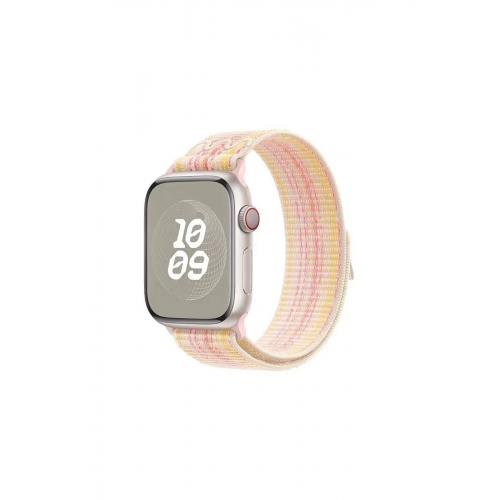 Apple Watch SE (44mm) Uyumlu Cırtcırtlı Hasır Kumaş Kordon-91 Pembe