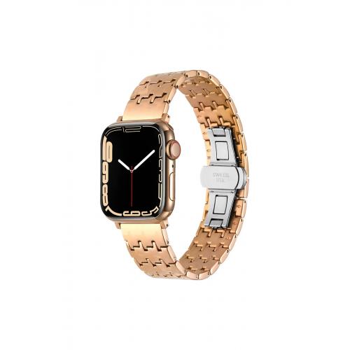 Apple Watch 9 Uyumlu 41mm Zigzag Tasarımlı Metal Kordon-86 Rose Gold