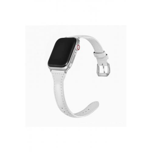 Apple Watch Se (44mm) Uyumlu Beyaz Ince Deri Kordon-28