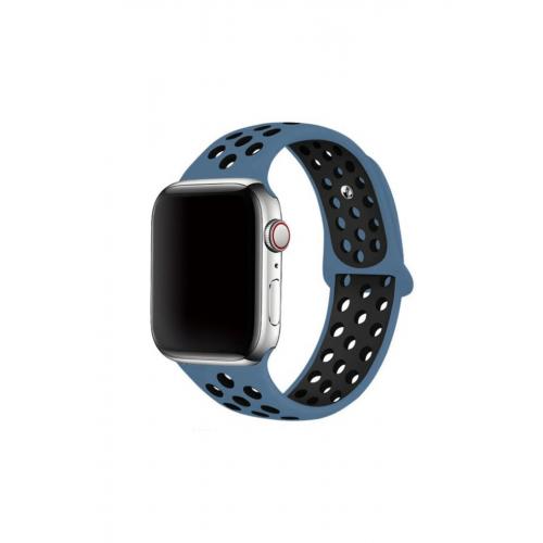 Apple Watch 9 Uyumlu 45mm Delikli Silikon Kordon-02 Mavi-Siyah