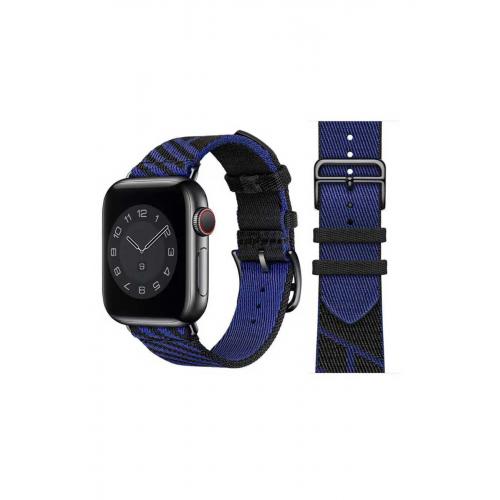 Apple Watch 9 Uyumlu 41mm Hasır Tasarımlı Kordon-51 Mavi-Siyah