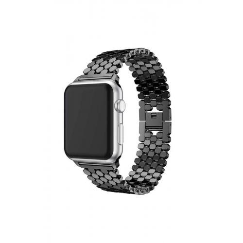 Apple Watch 3 4 5 6 7 8 9 SE Uyumlu 38-40-41mm pullu görünümlü Metal Kordon-30 Siyah