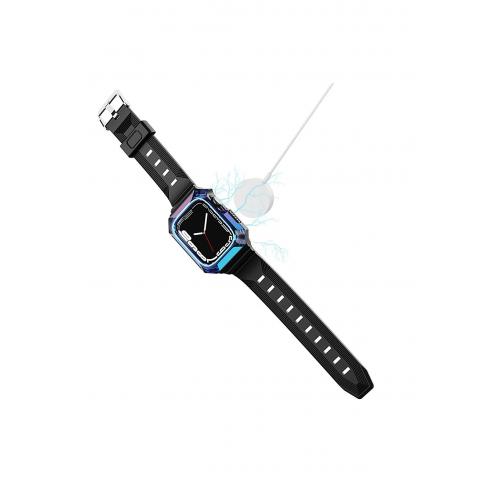 Apple Watch 9 Uyumlu 45mm Şerit Tasarımlı Metal Kordon-83 Siyah