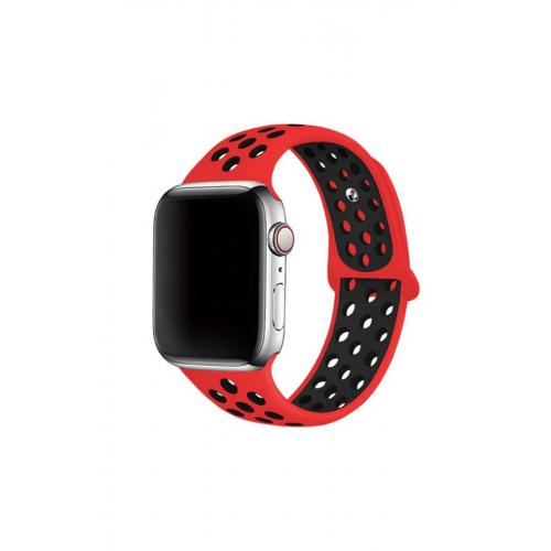 Apple Watch SE Uyumlu 44mm Delikli Silikon Kordon-02 Kırmızı-Siyah