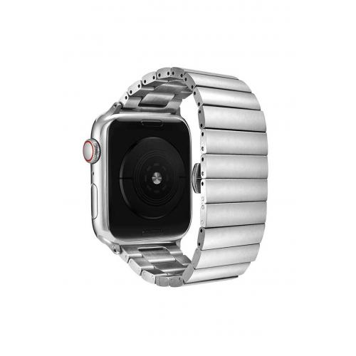 Apple Watch 9 Uyumlu 45mm düz parçalı tasarım Metal Kordon-41 Gümüş