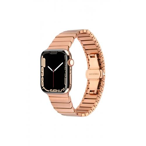 Apple Watch Ultra 2 Uyumlu 49mm Çizgi Rasarımlı Metal Kordon-79 Rose Gold