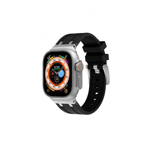 Apple Watch 9 Uyumlu 45mm Metal Toka Tasarımlı Silikon kordon-89 Siyah