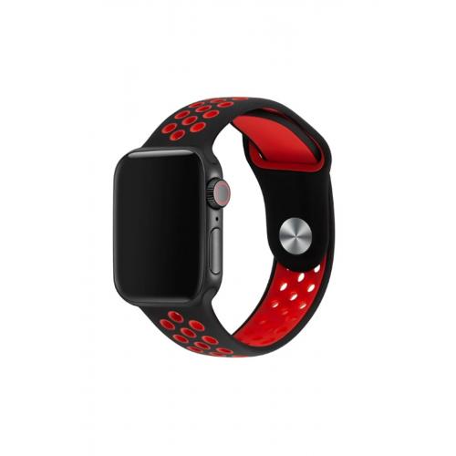 Apple Watch 9 Uyumlu 41mm Delikli Silikon Kordon-02 Siyah-Kırmızı