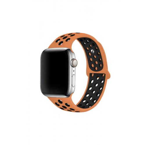 Apple Watch 3 4 5 6 7 8 9 SE Uyumlu 38-40-41mm Delikli Silikon Kordon-02 Turuncu-Siyah