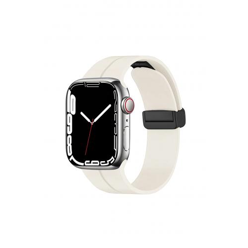 Apple Watch 9 Uyumlu 41mm Metal Tokalı Silikon kordon-84 Soft White