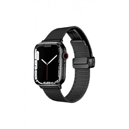 Apple Watch 9 Uyumlu 45mm Klipsli Hasır Metal Kordon-85 Siyah