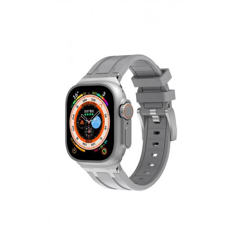 Apple Watch Ultra (49mm) için Metal Toka Tasarımlı Silikon Kordon-89 Gri