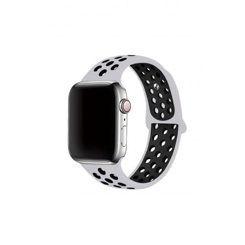 Apple Watch SE Uyumlu 40mm Delikli Silikon Kordon-02 Gri-Siyah