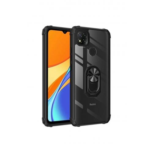 Xiaomi Redmi 9c Kılıf Silikon Kenarl Renkli Yüzüklü Manyetik Mola Siyah