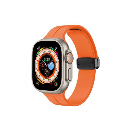 Apple Watch Ultra 2 Uyumlu 49mm Metal Tokalı Silikon kordon-84 Turuncu