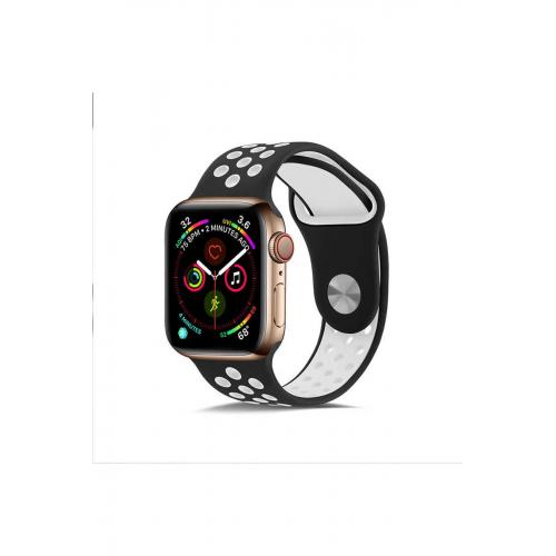 Apple Watch 8 Uyumlu 41mm Delikli Silikon Kordon-02 Siyah-Beyaz