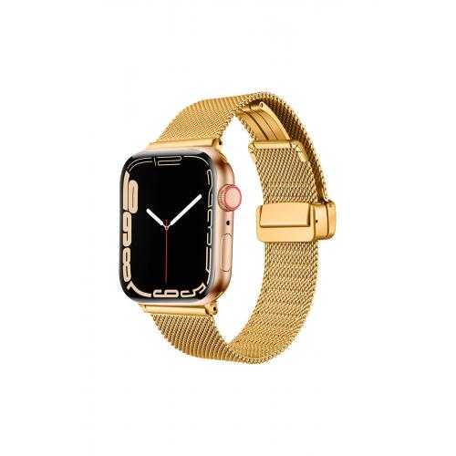 Apple Watch 9 Uyumlu 41mm Klipsli Hasır Metal Kordon-85 Gold