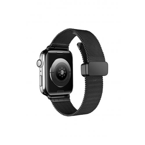 Apple Watch 3 4 5 6 7 8 9 SE Uyumlu 38-40-41mm Klipsli Hasır Metal Kordon-85 Siyah