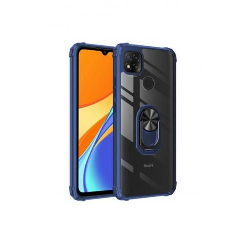 Xiaomi Redmi 9c Uyumlu Yüzüklü Standlı Manyetikli Mola Sert Silikon Kapak Lacivert