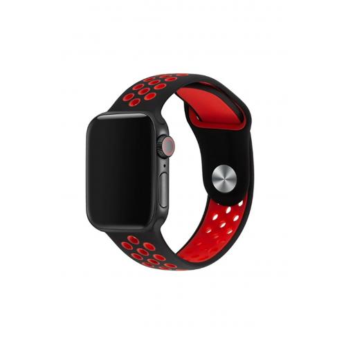 Apple Watch 8 Uyumlu 41mm Delikli Silikon Kordon-02 Siyah-Kırmızı