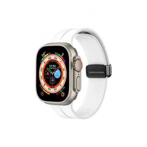 Apple Watch Ultra 2 Uyumlu 49mm Metal Tokalı Silikon kordon-84 Beyaz