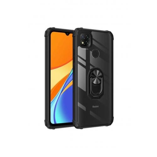 Xiaomi Redmi 9c Için Yüzüklü Standlı Manyetikli Mola Sert Silikon Kapak Siyah