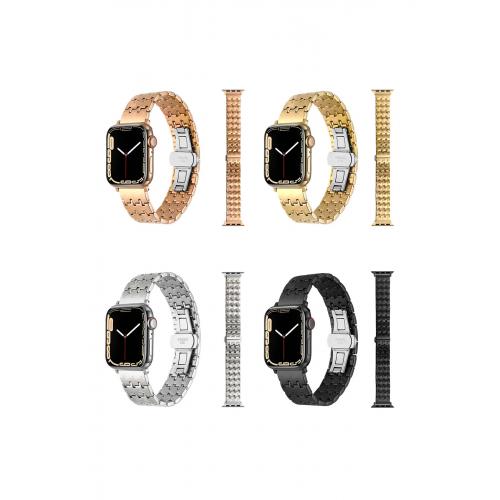 Apple Watch 9 Uyumlu 41mm Zigzag Tasarımlı Metal Kordon-86 Rose Gold