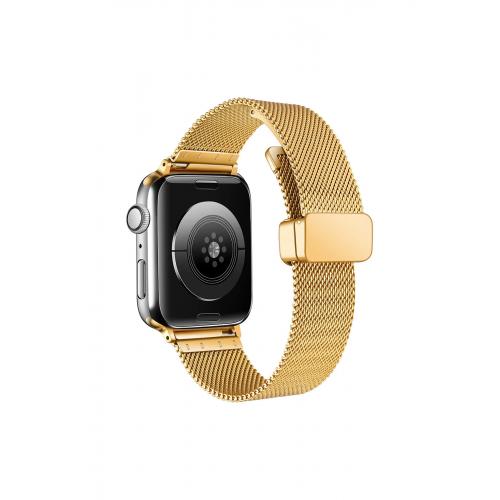 Apple Watch 9 Uyumlu 41mm Klipsli Hasır Metal Kordon-85 Gold