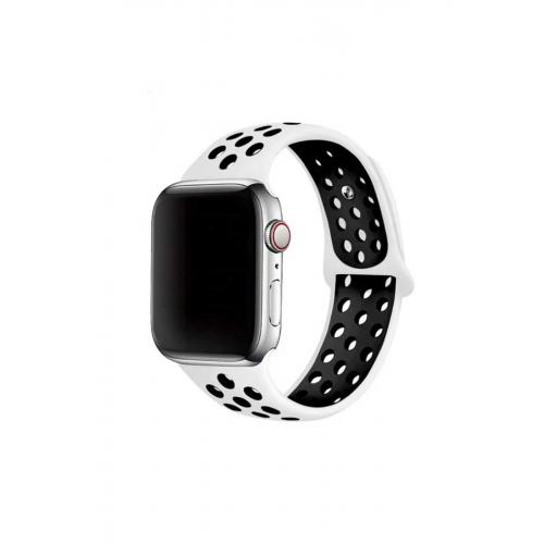 Apple Watch 8 Uyumlu 45mm Delikli Silikon Kordon-02 Beyaz-Siyah