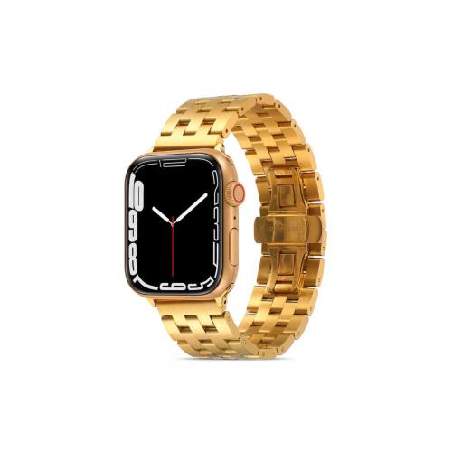 Apple Watch 9 Uyumlu 45mm bakla görünümlü Metal Kordon-20 Gold