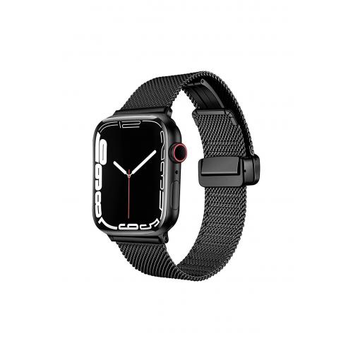 Apple Watch 3 4 5 6 7 8 9 SE Uyumlu 38-40-41mm Klipsli Hasır Metal Kordon-85 Siyah