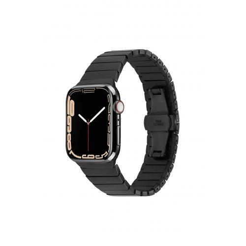 Apple Watch 3 4 5 6 7 8 9 SE Uyumlu 38-40-41mm Çizgi Rasarımlı Metal Kordon-79 Siyah