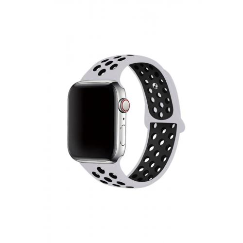 Apple Watch SE Uyumlu 44mm Delikli Silikon Kordon-02 Gri-Siyah